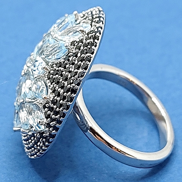 Natural Sky Blue Topaz‎ 6x3mm & Black Spinel 925 Sterling Silver Ring Size 8 - Picture 4 of 10